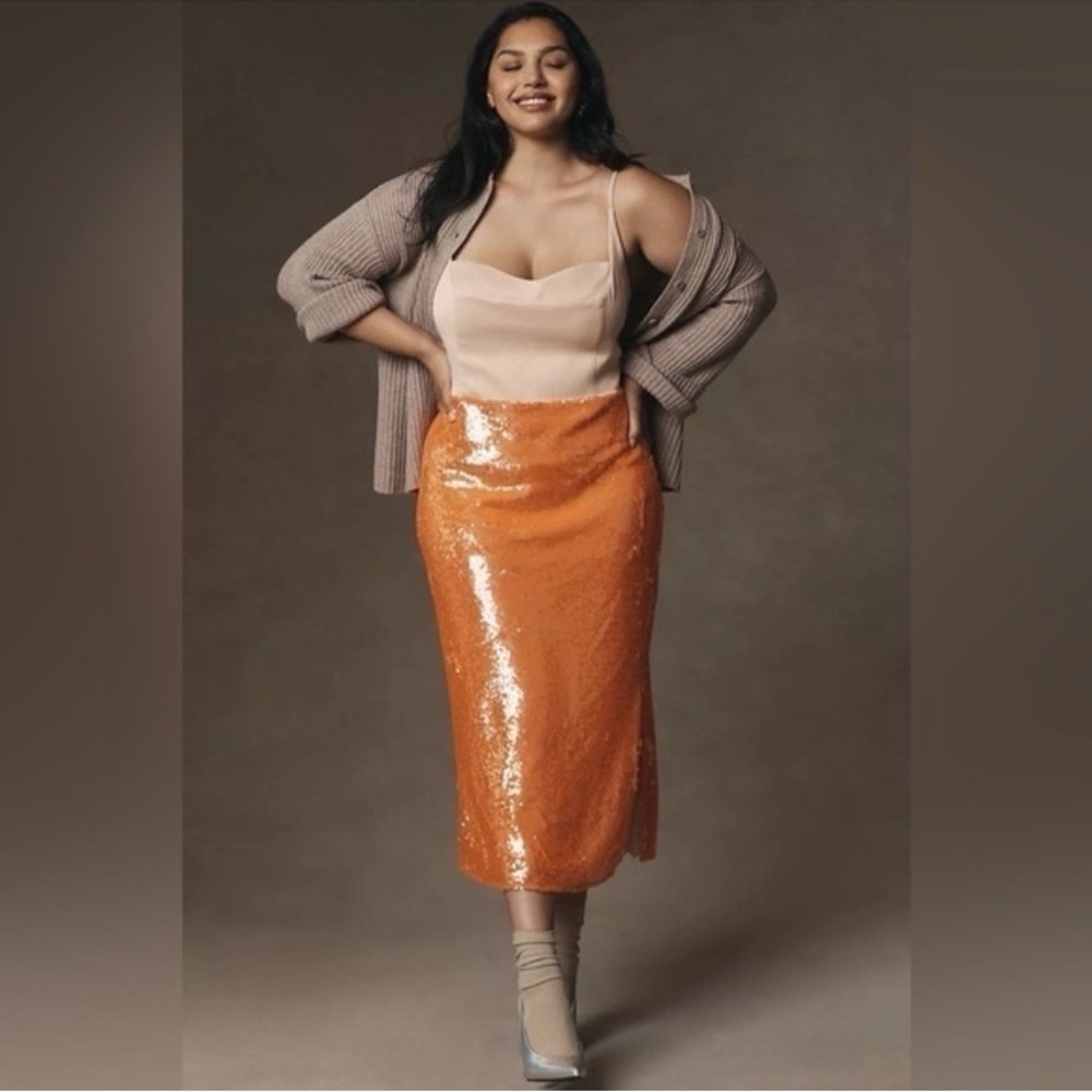 Anthropologie Orange Sequin Midi Dress